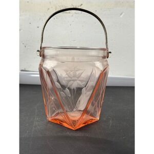 Vintage Pink Depression Glass Ice Bucket Etched Floral Hammered Metal Handle